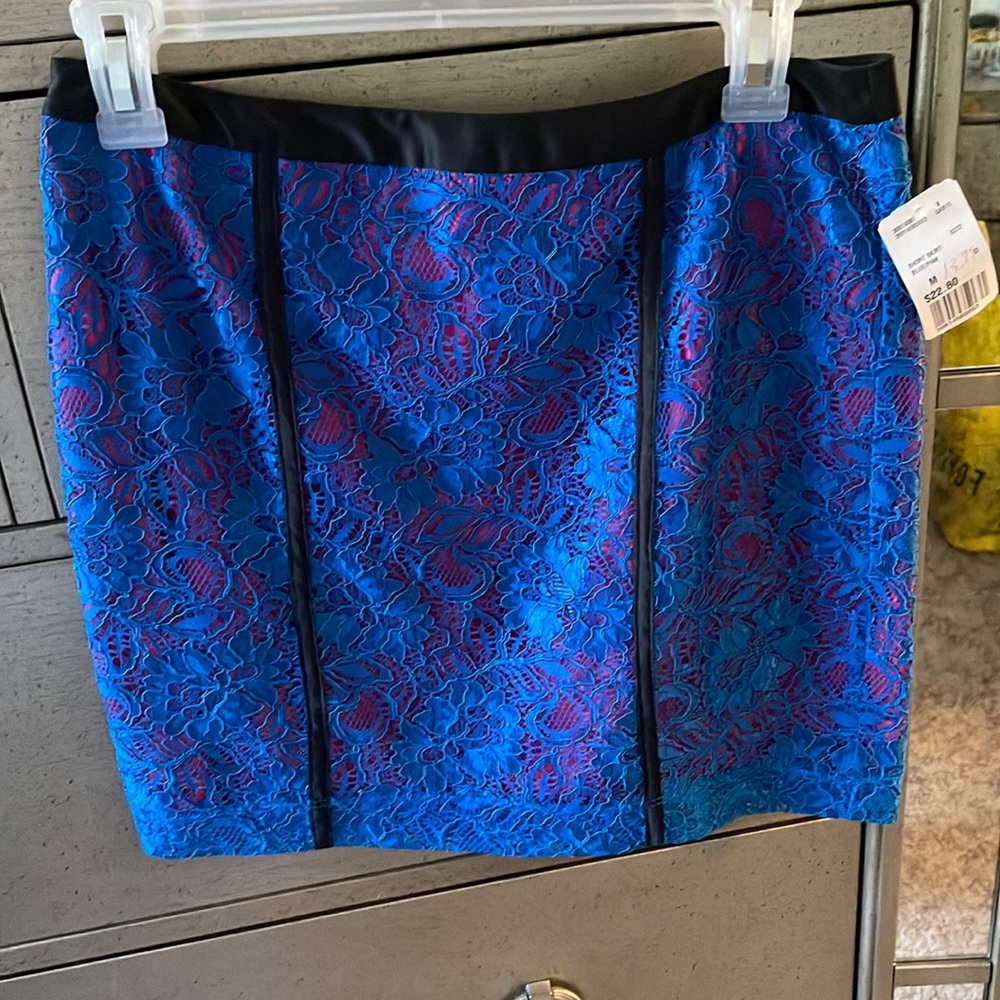 Brand NEW mini skirt with tags.  Blue and pink. Cute for a girls night! 15 inch